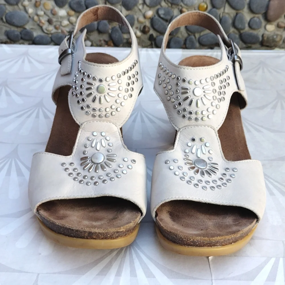 Women’s White Studded Leather Block Heel Sandals